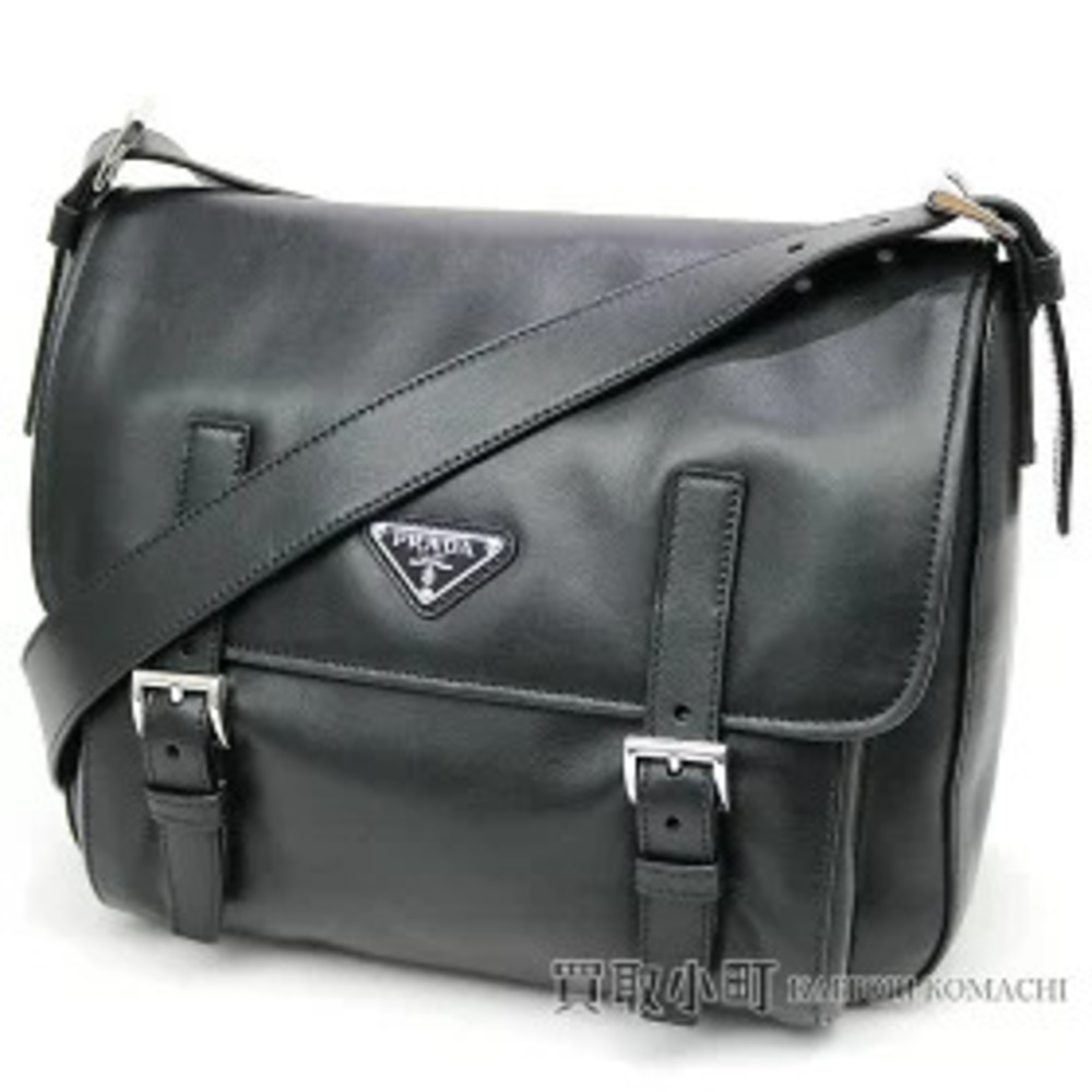 Prada Double Strap Messenger Bag Triangle Black Calfskin Leather Shoulder